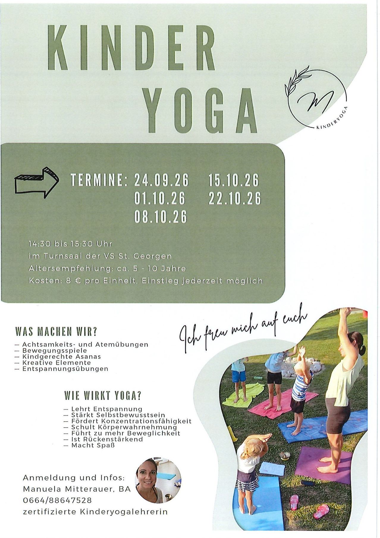 Poster advertising yoga classes for children aged 5-10, with dates and times listed. It includes a photo of children practicing yoga.