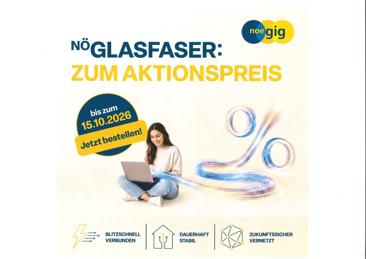 An advertisement for noe gig's fiber optic internet service, featuring a woman using a laptop with a blue and yellow swirl graphic. The ad highlights the speed, stability, and future-proof connectivity. The offer is valid until October 15, 2026.