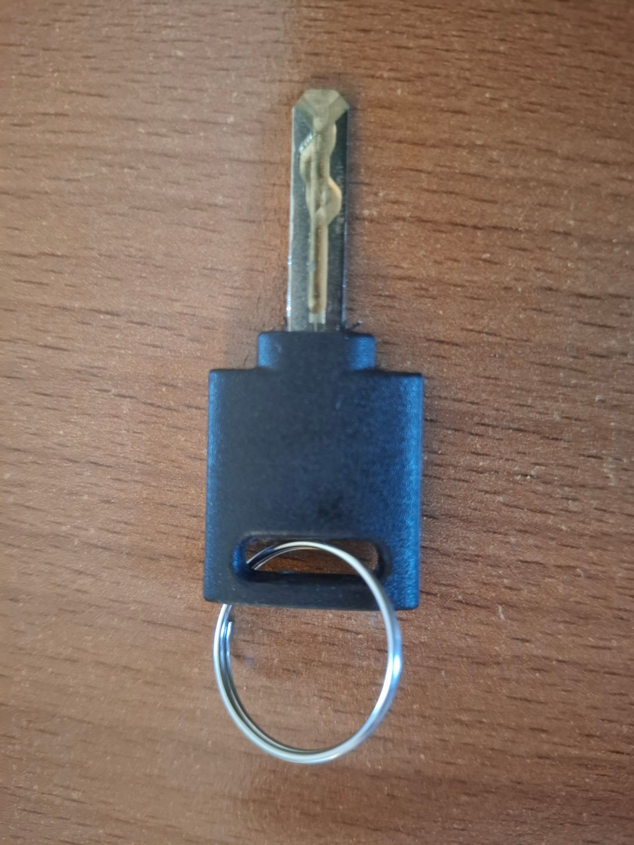 A blue key with a silver ring on a wooden surface. The key has a metal blade and a plastic cover.