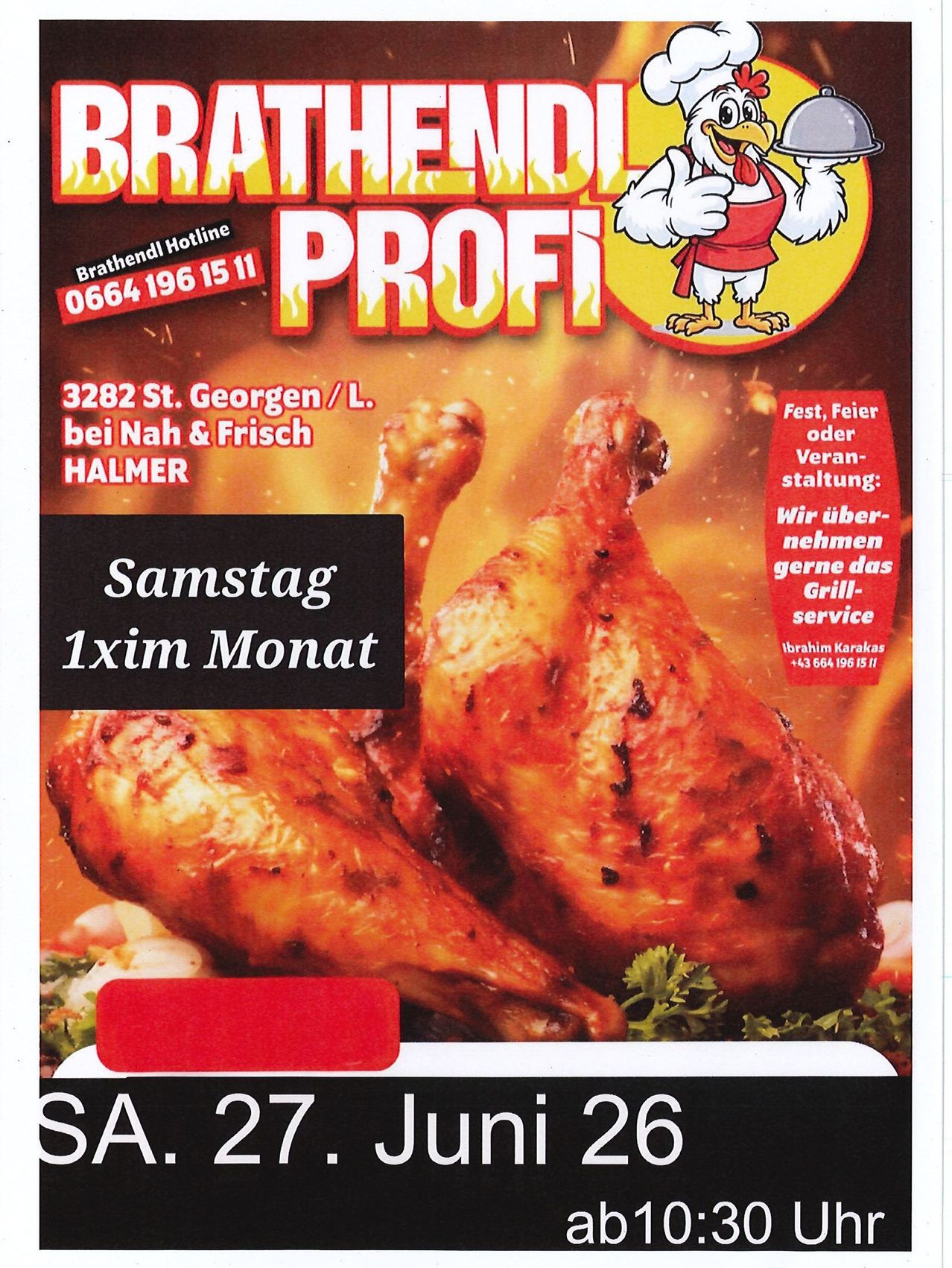 Advertisement for a chicken grill service, featuring a roasted chicken, with a phone number and address. The image highlights the availability of grilling services for events or parties.