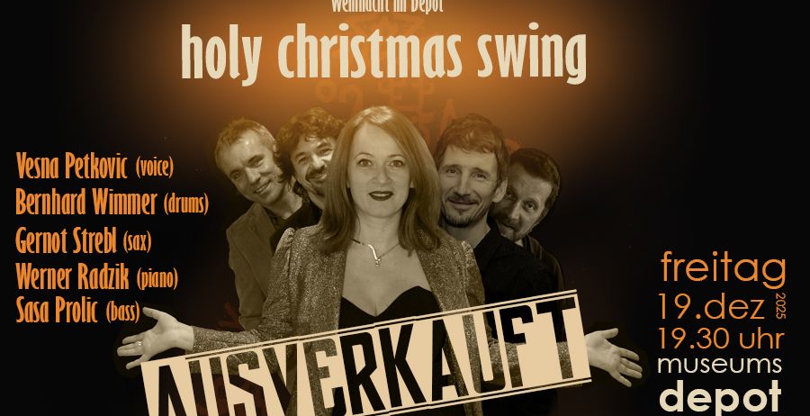Werbeposter für eine Weihnachtsveranstaltung mit einer Band, die von einer Frau gehalten wird, auf dem ein Schild steht, das 'AUSVERKAUFT' bedeutet. Die Bandmitglieder sind mit ihren Instrumenten aufgeführt. Die Veranstaltung findet am 19. Dezember um 19:30 Uhr statt.