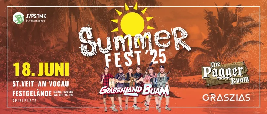 Ein Plakat für Summer Fest'25 mit einer Band auf der Bühne vor tropischem Hintergrund. Das Event ist für Juni geplant. Die Bandmitglieder halten Musikinstrumente.