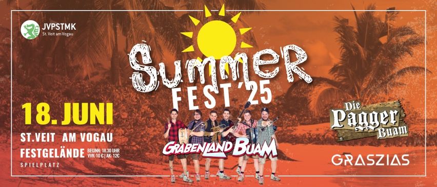 Ein Plakat für Summer Fest'25 mit einer Band auf der Bühne vor tropischem Hintergrund. Das Event ist für Juni geplant. Die Bandmitglieder halten Musikinstrumente.