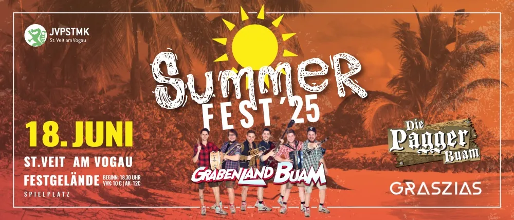 Ein Plakat für Summer Fest'25 mit einer Band auf der Bühne vor tropischem Hintergrund. Das Event ist für Juni geplant. Die Bandmitglieder halten Musikinstrumente.