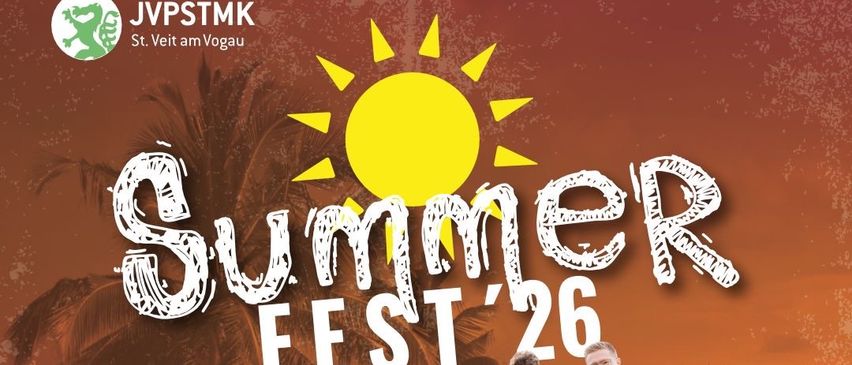 Plakat für Summer Fest'26 mit Grabenland Buam, Musikern mit verschiedenen Instrumenten. Datum ist der 19. Juni. Ort ist St. Veit am Vogau Festgelände.