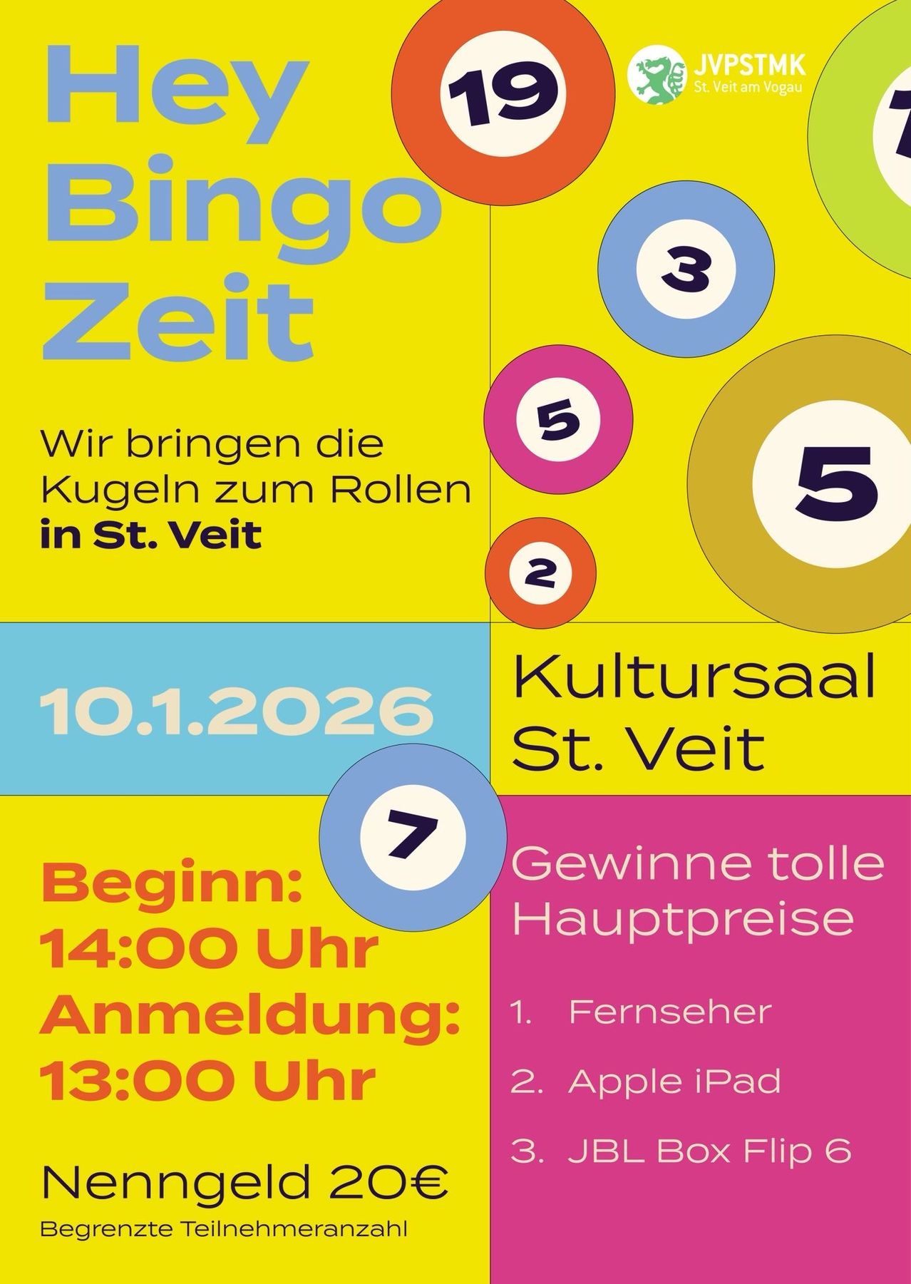 Bingo Zeit Event im Kultursaal St. Veit am 10. Januar 2026. Beginn um 14:00 Uhr, Anmeldung um 13:00 Uhr. Zahlen: 5, 5, 3, 2 und 7. Preise: Fernseher und Apple iPad.