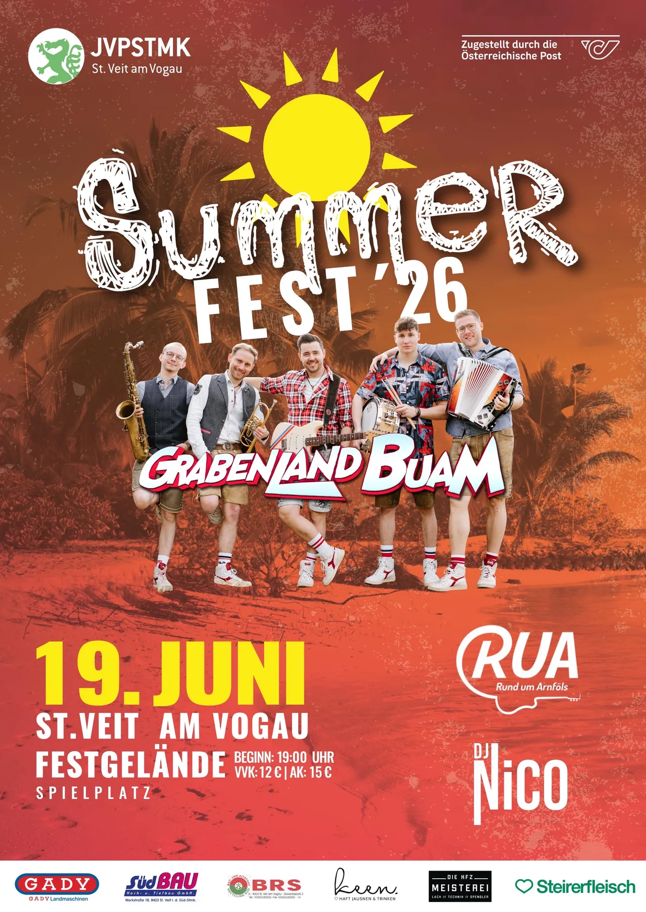 Plakat für Summer Fest 26 mit fünf Musikern, die Instrumente halten, auf rotem Hintergrund. Datum ist der 19. Juni, Ort ist St. Veit am Vogau. Ticketpreise sind 12 Euro und 15 Euro.