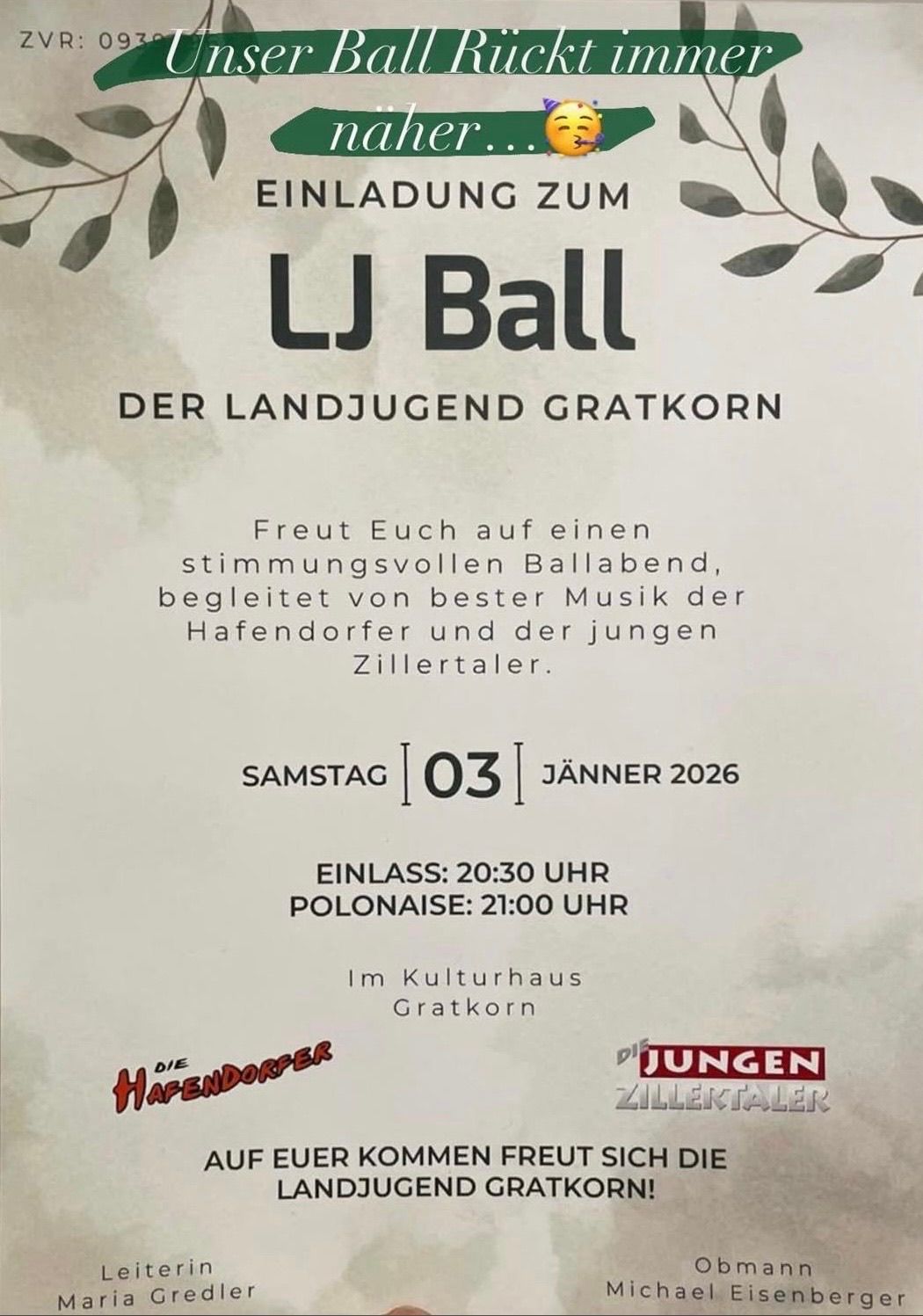 Plakat für die LJ Ball-Veranstaltung am 3. Januar 2026. Es enthält eine herzliche Willkommensbotschaft, Datum, Uhrzeit und Ort im Kulturhaus Gratkorn.