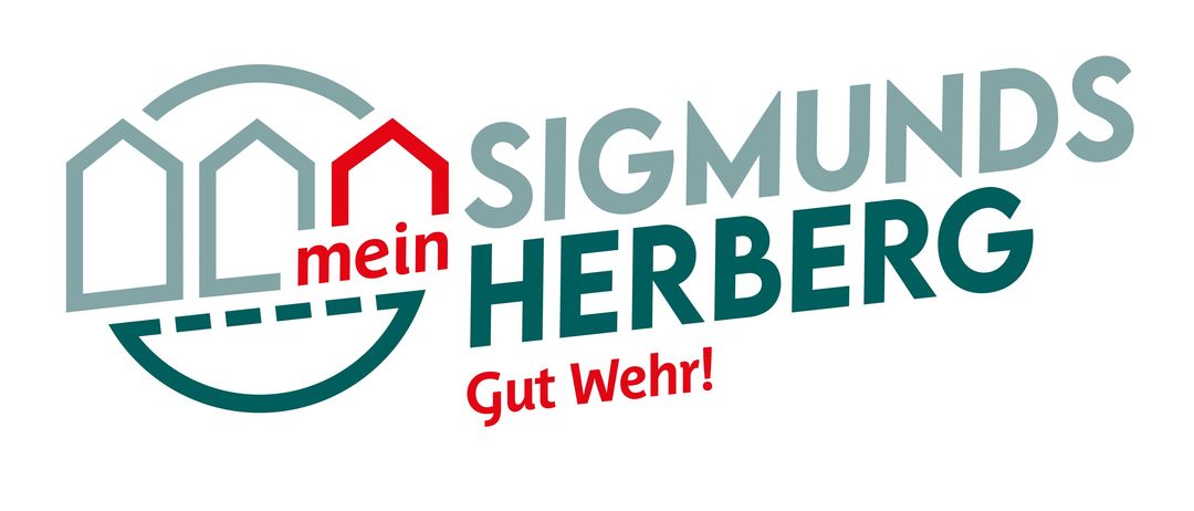Logo für Sigmund mein Herberg, mit einem Haus und dem Slogan 'Gut Wehr!'. Der Markenname ist prominent in Grün dargestellt.