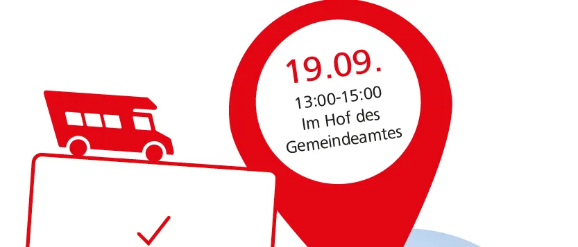 Ein Bus ist vor einem roten Kartenstift mit dem Datum 19.09. und der Zeit 13:00-15:00 geparkt. Es gibt Worte über eine Batteriespeicher-Aktion und persönliche Beratung. Es befindet sich ein LKW auf der Straße.