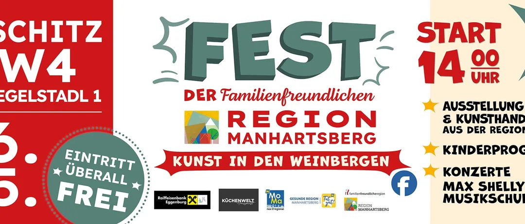 Ein Poster für die familienfreundliche Region Manhartsberg, das 'Fest' präsentiert. Es zeigt ein Hauslogo, Weinberge und verschiedene Sponsoren. Der Text hebt Kunst in den Weinbergen hervor.