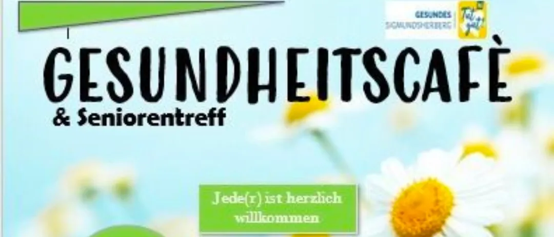 Ein Poster mit blauem Hintergrund und weißen Blumen. Der Titel lautet 'Gesundheitscampus Seniorentreff'. Einladender Text lautet 'Jede(r) ist herzlich willkommen'. Es gibt einen grünen Button, der 'kostenlose Teilnahme' sagt.