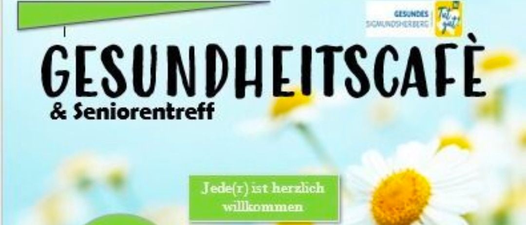 Ein Poster mit blauem Hintergrund und weißen Blumen. Der Titel lautet 'Gesundheitscampus Seniorentreff'. Einladender Text lautet 'Jede(r) ist herzlich willkommen'. Es gibt einen grünen Button, der 'kostenlose Teilnahme' sagt.
