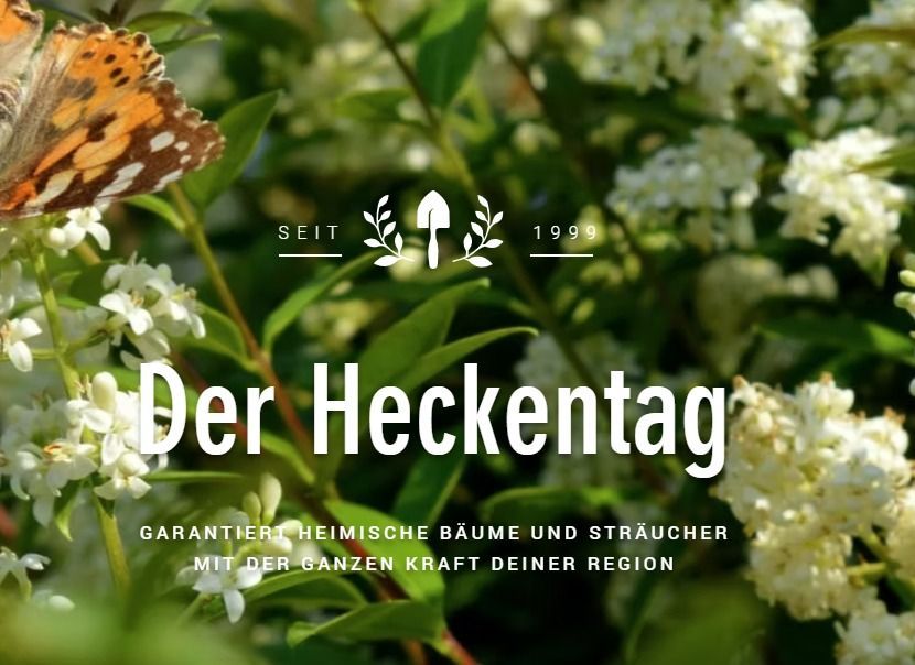 Ein Schmetterling sitzt auf weißen Blüten, vor einem üppigen grünen Hintergrund. Das Bild zeigt die Marke 'Der Heckenta' mit einem Logo und dem Jahr 1999. Der Text garantiert einheimische Bäume und Sträucher mit der vollen Kraft der Region.