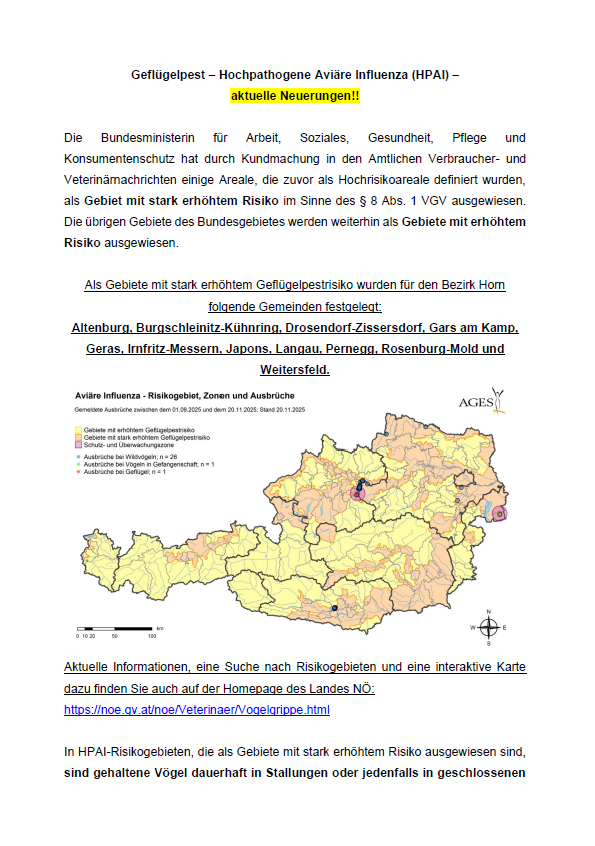 Das Dokument behandelt die aktuellen Risikogebiete für die hochpathogene Aviäre Influenza (HPAI). Es erwähnt spezifische Gebiete in Österreich, die als Hochrisikogebiete ausgewiesen sind. Das Dokument enthält auch eine Karte, die die Verteilung der Risikogebiete und Ausbrüche zeigt. Zusätzliche Informationen, eine Suche nach Risikogebieten und eine interaktive Karte sind auf der Homepage des Landes NO verfügbar.