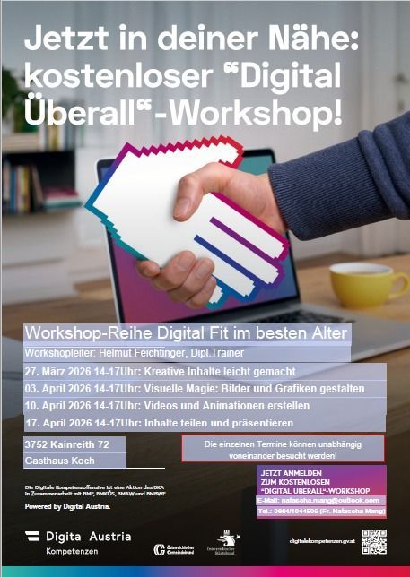 Ein Flyer bewirbt ein kostenloses 'Digital UbErall'-Workshop. Es zeigt eine Hand, die ein Dokument über einem Laptop-Bildschirm hält. Die Workshop-Reihe umfasst das Erstellen von Inhalten, visuelle Magie, Videos und das Teilen von Inhalten. Der Flyer enthält Termine, Zeiten und eine Kontakt-E-Mail.