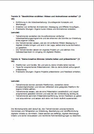 Dokument mit dem Titel 'Termin 3: Geschichten erzahlen: Videos und Animationen erstellen'. Es beschreibt eine Schulung zur Videoerstellung und legt den Schwerpunkt auf grundlegende Konzepte und Techniken. Wichtige Themen sind die Erstellung einfacher Animationen, Videoeffekte und Animationen, wobei der Fokus auf dem Geschichtenerzählen und der Interaktion mit digitalen Medien liegt.