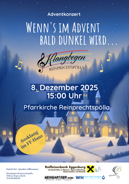 Plakat für ein Adventkonzert in Reinprechtspölla am 8. Dezember 2025 um 15:00 Uhr. Zeigt eine Winterdorfszene mit einer Kirche und Musiknoten. Freier Eintritt, Spenden willkommen.
