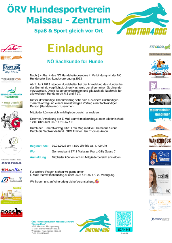 The Maissau Center invites dog owners to register their dogs by June 1, 2023, under the NO Hundehaltungsgesetz. Members can register in the member area. External registration is also possible. The event is free.
