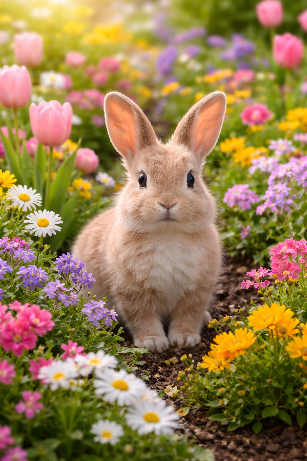 A brown rabbit sits in a field of colorful flowers, looking up at the camera. The rabbit has large ears and a small white patch on its chest.