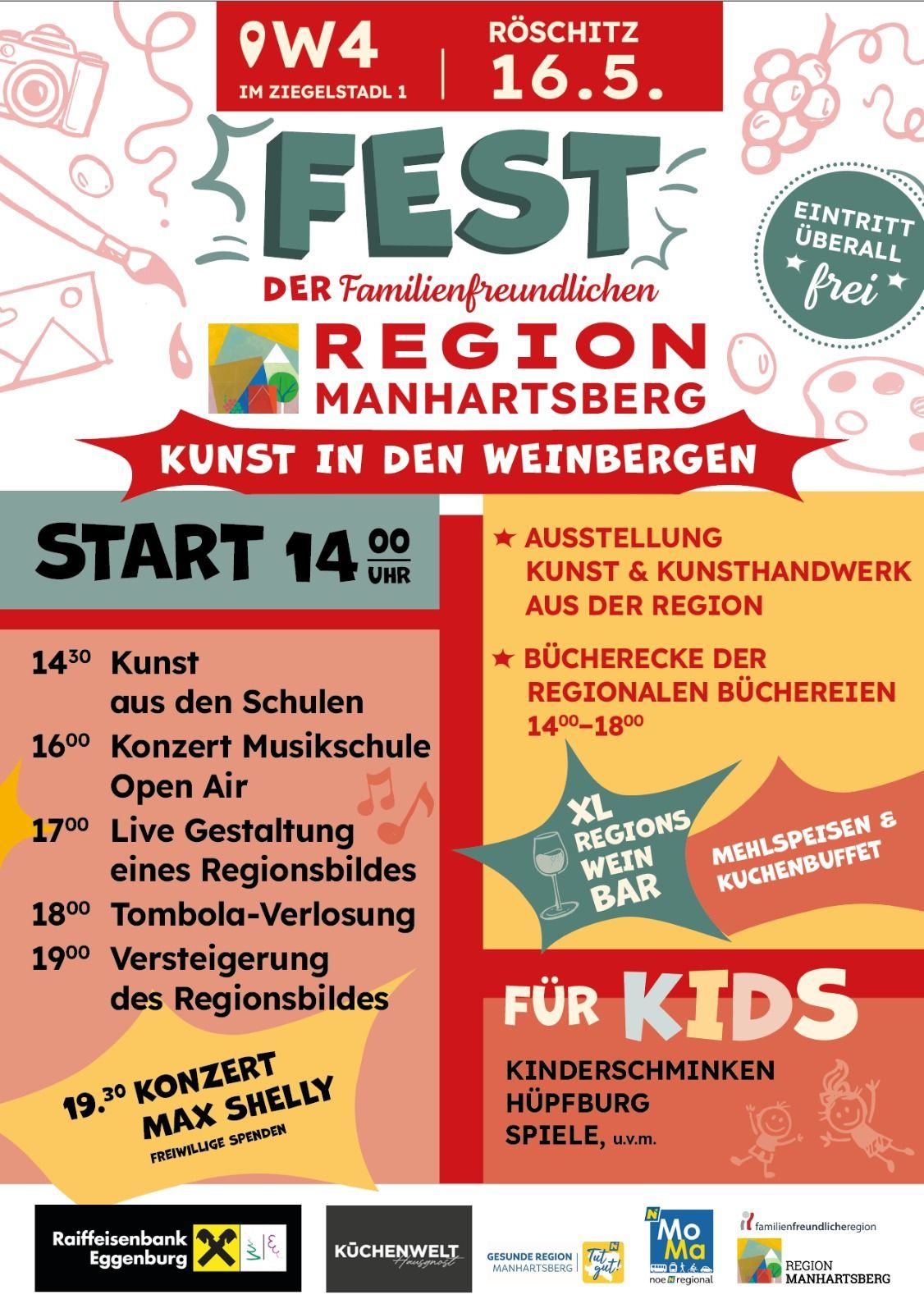 Plakat für ein familienfreundliches Festival in der Region Manhartsberg. Beginn um 14 Uhr. Mit Kunstausstellungen, Open-Air-Musikkonzerten, einer regionalen Weinbar und einer Tombola. Beginnt mit Kunst aus den Schulen.