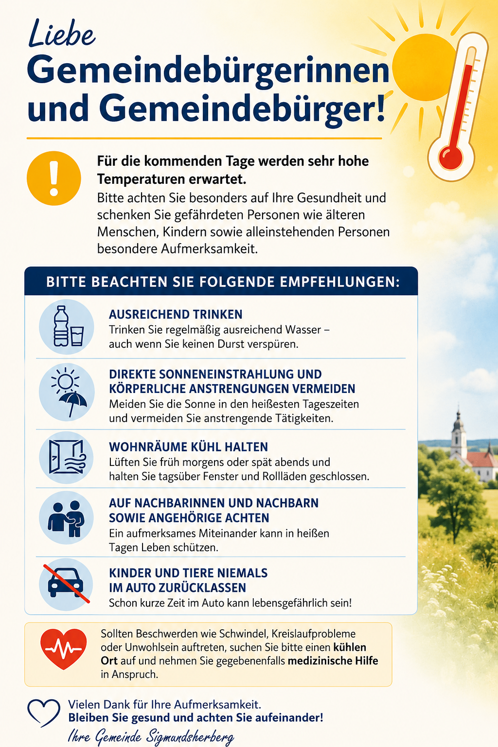 Ein Warnsymbol mit Ausrufezeichen ist abgebildet. Empfehlungen für heiße Tage werden gegeben, einschließlich ausreichendes Trinken, Vermeidung direkter Sonneneinstrahlung, Kühlung der Wohnräume, Überprüfung der Nachbarn und Nicht-Hinterlassen von Kindern oder Haustieren im Auto.
