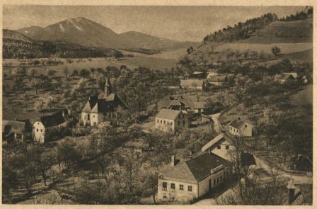 Ein Luftbild einer kleinen Stadt mit vielen Häusern, Bäumen und einem Gebirgszug im Hintergrund.
