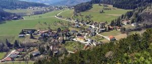 Luftaufnahme eines kleinen Dorfes umgeben von grünen Feldern, Bäumen und Bergen in der Ferne. Das Dorf liegt in einem Tal mit einer Straße, die hindurchführt.