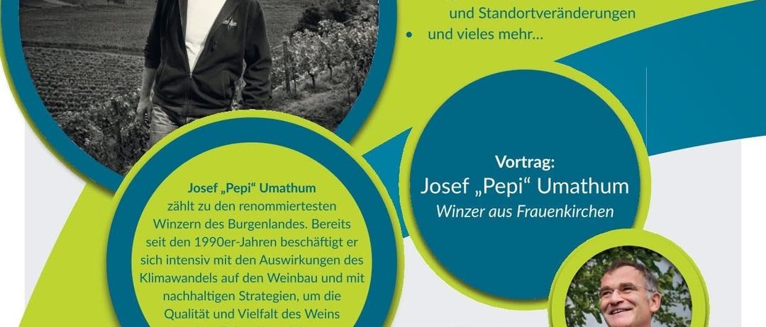 Ein Flyer für einen Vortrag über Auswirkungen und Chancen des Klimawandels. Es zeigt einen Mann in einem Weinberg, einen Redner namens Josef 'Pepi' Umathm und Themen wie Hitze- und Trockenheitsrisiken, veränderte Anbaumuster und Qualitätsprobleme. Die Veranstaltung findet am 29. Januar 2026 um 18:00 im Komm' Zentrum statt.
