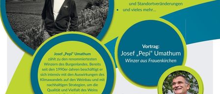 Ein Flyer für einen Vortrag über Auswirkungen und Chancen des Klimawandels. Es zeigt einen Mann in einem Weinberg, einen Redner namens Josef 'Pepi' Umathm und Themen wie Hitze- und Trockenheitsrisiken, veränderte Anbaumuster und Qualitätsprobleme. Die Veranstaltung findet am 29. Januar 2026 um 18:00 im Komm' Zentrum statt.