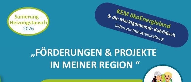 Ein Informationsposter mit dem Titel 'Förderungen & Projekte in meiner Region' informiert über das Wärme-Buddys-Projekt und bietet Beratung für Privatpersonen an. Die Veranstaltung ist für den 4. Februar 2026 um 18.00 Uhr an der Mittelschule Kohfidisch geplant.