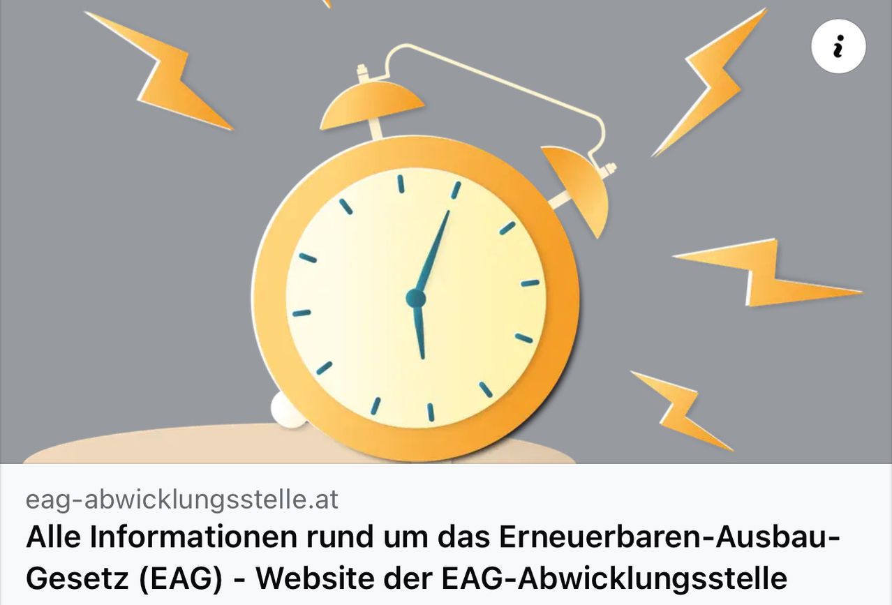 Ein Wecker mit Blitzen darum und der Website-Adresse der EAG-Abwicklungsstelle.at für erneuerbare Energien.