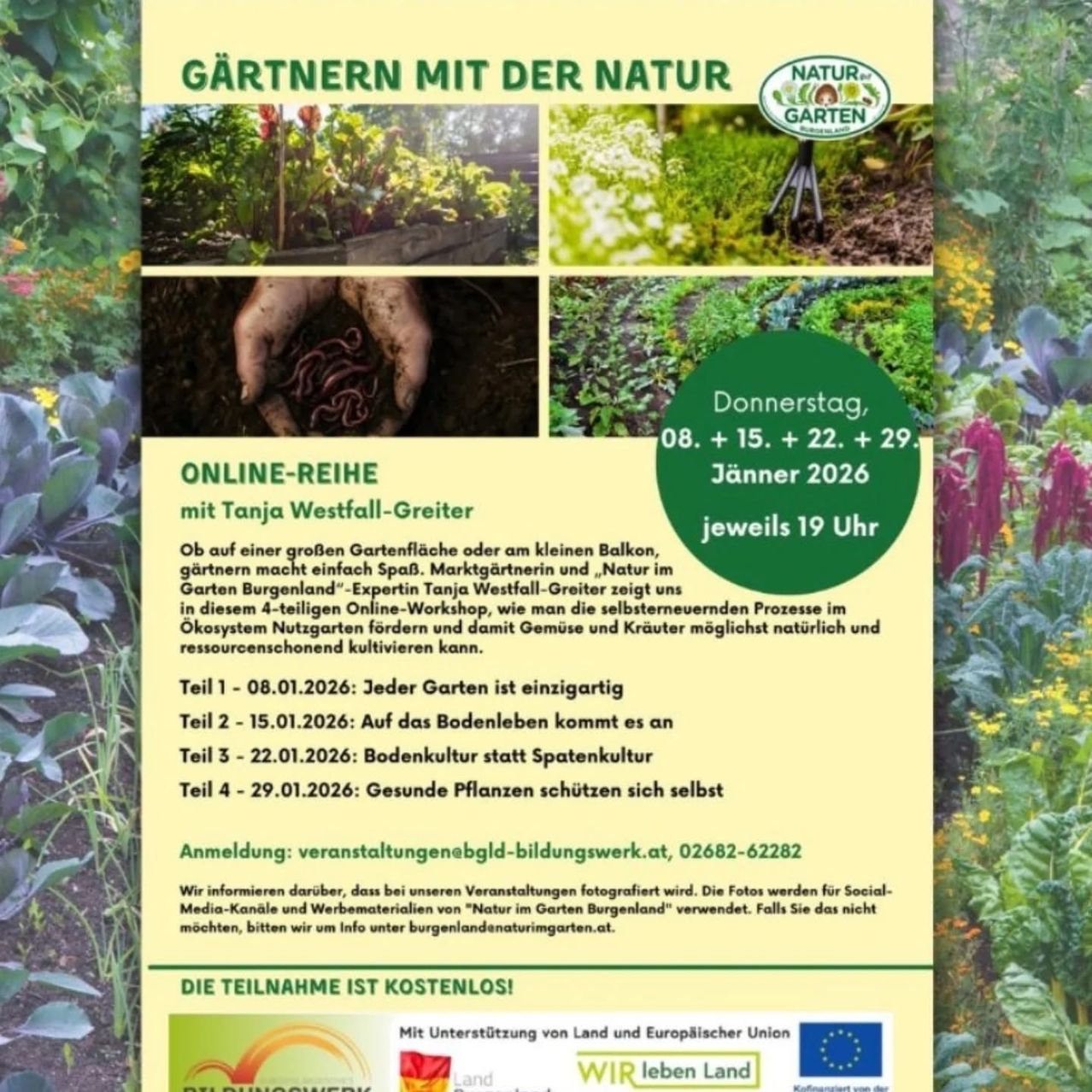 Ein Online-Workshop zum Gärtnern mit Tanja Westfall-Greiter, der vier Termine vom 08.01. bis 29.01.2026 umfasst. Jeder Termin konzentriert sich auf verschiedene Aspekte des nachhaltigen Gärtnerns. Die Teilnahme ist kostenlos.