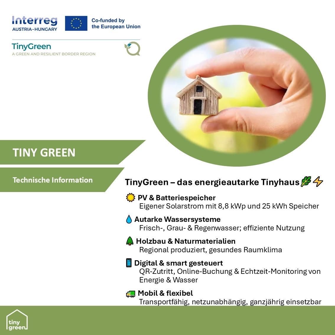 Das Bild zeigt ein TinyHouse namens TinyGreen, das seine energieeffizienten Merkmale wie Solarstromanlage, Wassermanagement und nachhaltige Materialien hervorhebt. Es betont digitale Steuerungs- und Überwachungsfunktionen.