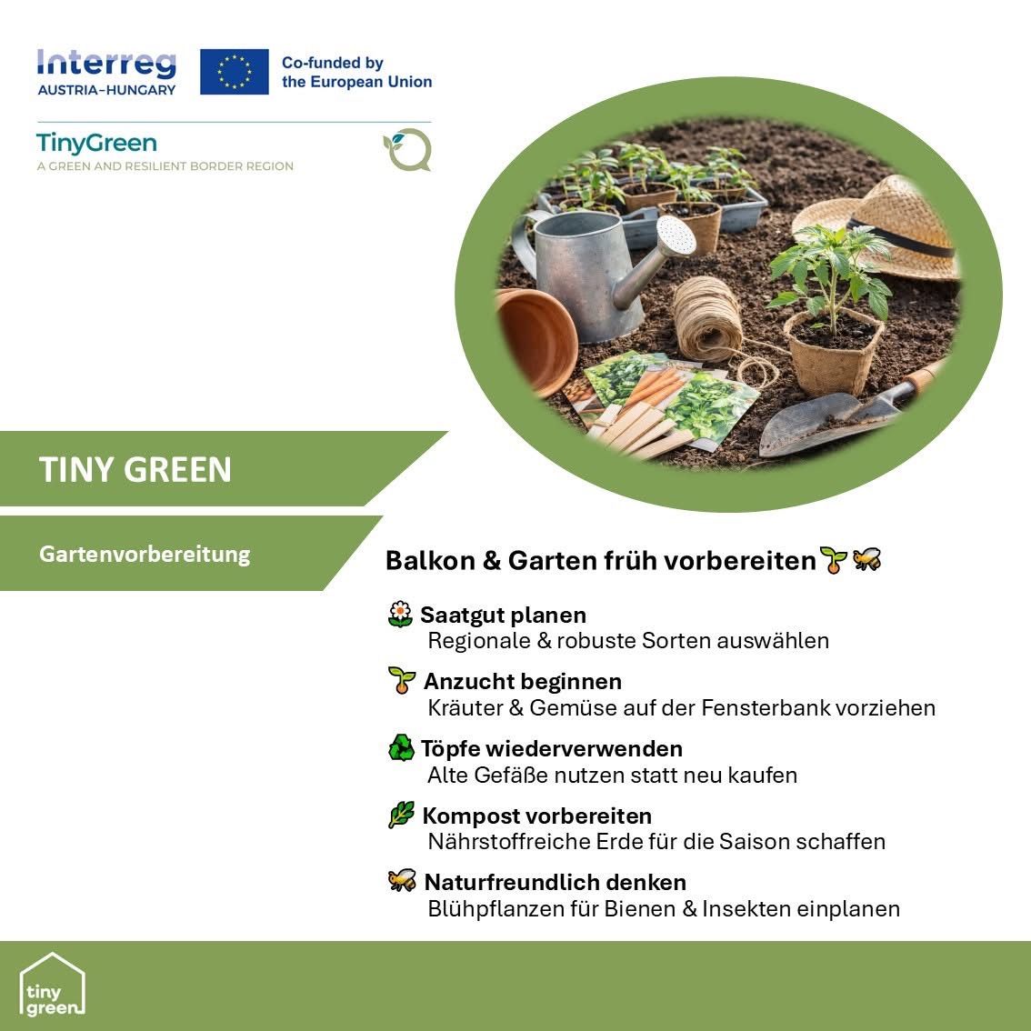 Illustration von Gartenwerkzeugen und Pflanzen mit Text zur Gartenvorbereitung. Es umfasst Schritte wie Pflanzen von Samen, Pflanzenauswahl, Kompostierung und umweltfreundliches Gärtnern. Ein Logo für TinyGreen ist abgebildet.