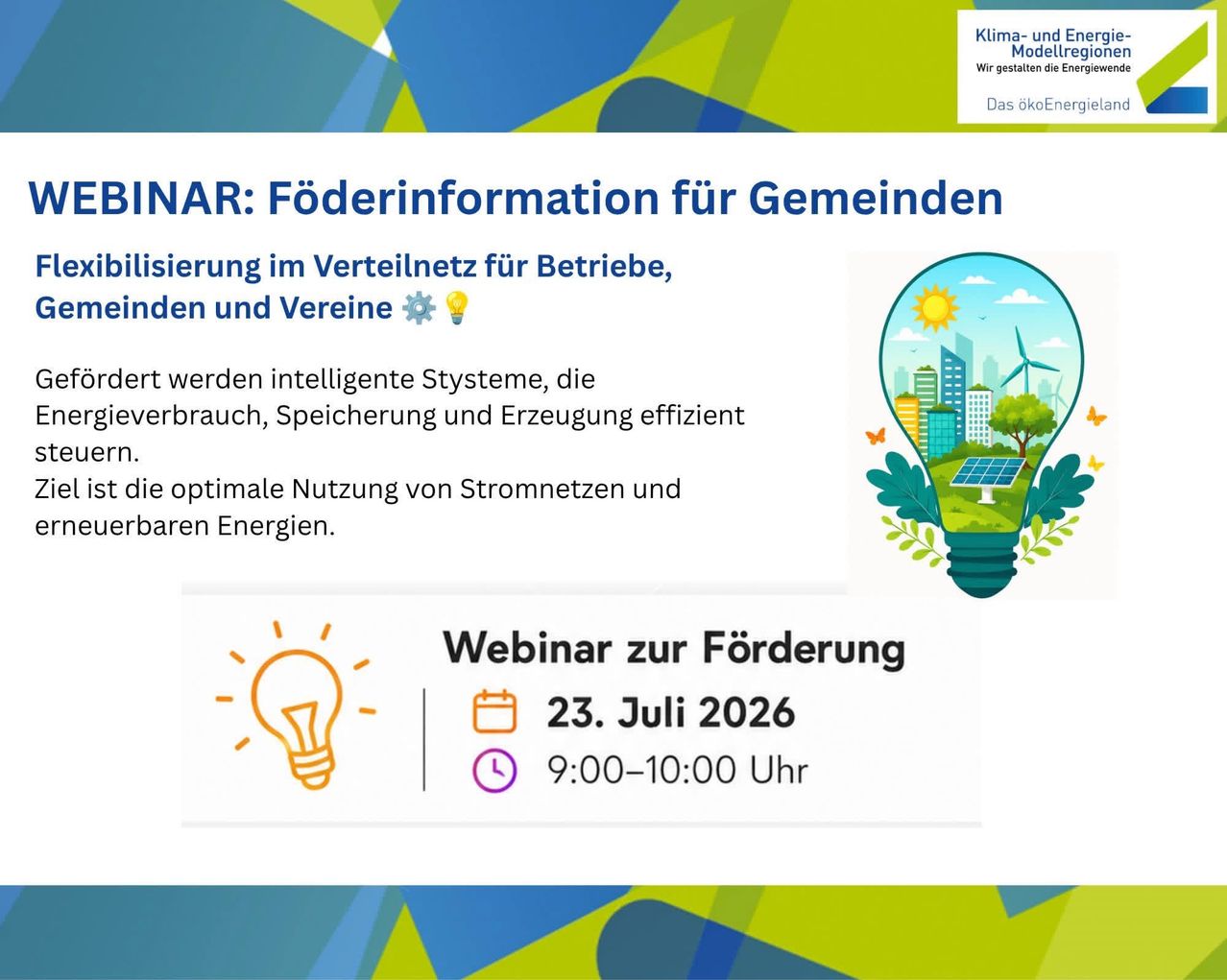 Ein Plakat für ein Förderinformations-Webinar für Gemeinden. Das Plakat zeigt ein Glühbirnensymbol, ein Kalendersymbol und ein Uhrsymbol. Die Veranstaltung ist für den 23. Juli 2026 von 9:00 bis 10:00 Uhr geplant.
