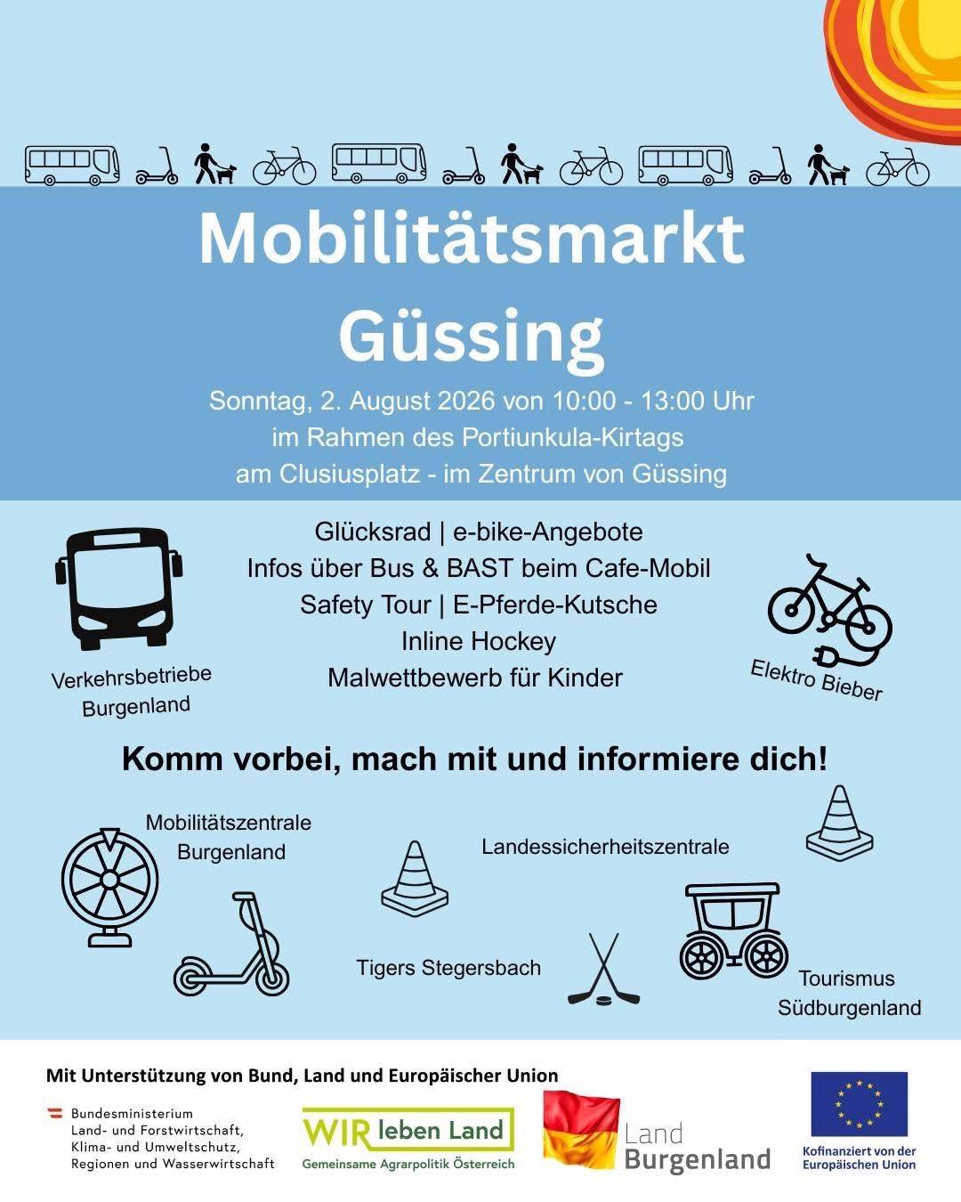 Plakat für den Mobilitätsmarkt in Güssing, Österreich, mit verschiedenen Transportmöglichkeiten, Aktivitäten und Organisationen. Datum: 2. August 2026.