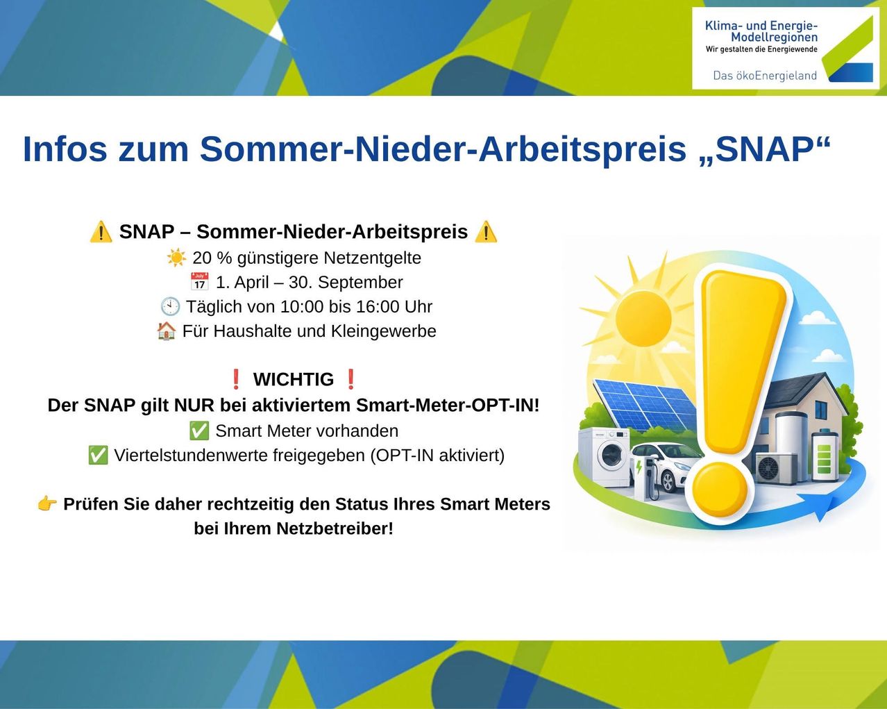The advertisement shows a discount for summer network rates, SNAP, with a 20% reduction from April 1 to September 30. It is valid for households and small businesses. It is important to have a smart meter activated. Check your smart meter status with your network provider.