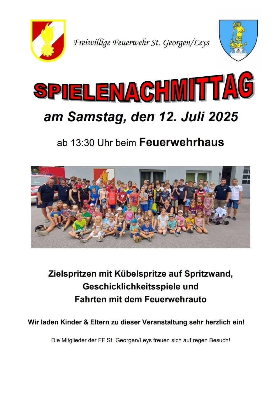 Plakat für eine Kinderveranstaltung am 12. Juli 2025, Beginn um 13:30 Uhr am Feuerwehrhaus. Aktivitäten umfassen Zielschießen, Geschicklichkeitsspiele und Fahrten mit dem Feuerwehrauto.