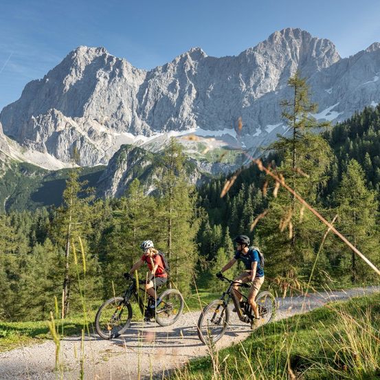 Zwei Radfahrer fahren auf einem Schotterweg durch ein üppiges grünes Tal, mit majestätischen Bergen im Hintergrund unter einem klaren blauen Himmel.