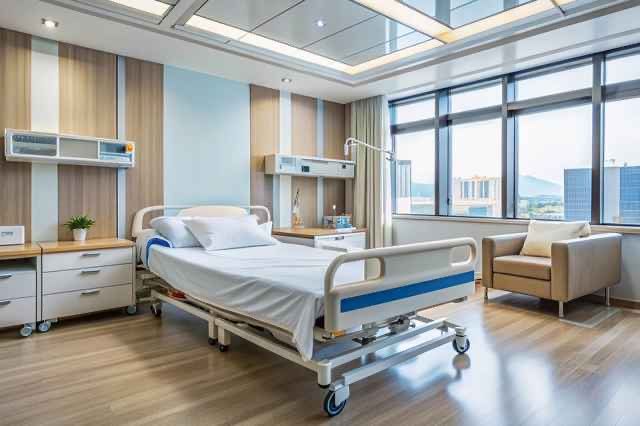 Ein sauberes Krankenhauszimmer mit einem Bett, einem Stuhl und Fenstern mit Blick auf die Stadt.