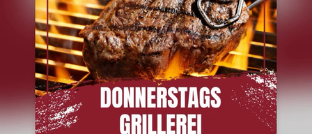 Werbung für Donnerstagsgrill-Event von Schneider vom 16. Juli bis 20. August. Zeigt ein Steak auf einem Grill mit Flammen.