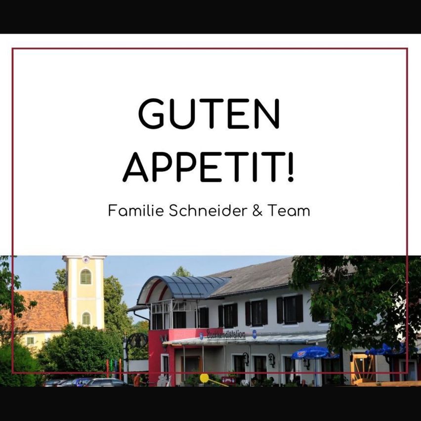A restaurant named Familie Schneider & Team is featured in a photo. The image is bordered with a red line and includes a house and a tower in the background.