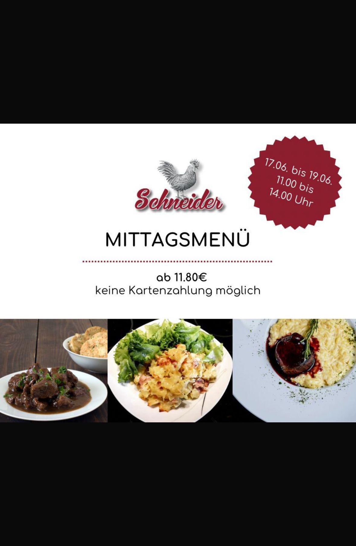 Schneider's restaurant menu offers various dishes. Available from June 17 to 19, 11 AM to 2 PM. Prices start at 1.80€. No card payment.