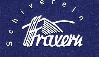 Ein blauer Hintergrund zeigt das Logo von 'Schiverein Traveru' mit einem stilisierten Berg und Seildesign in Weiß.