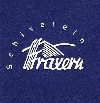Ein blauer Hintergrund zeigt das Logo von 'Schiverein Traveru' mit einem stilisierten Berg und Seildesign in Weiß.