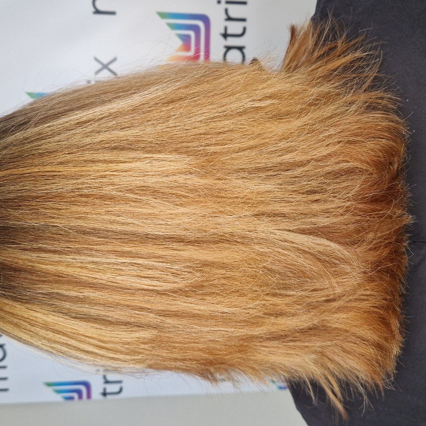 Eine Nahaufnahme von golden-braunem Haar mit hellen Highlights und dunkleren Wurzeln, stilisiert vor einem Hintergrund mit einem unscharfen Logo.