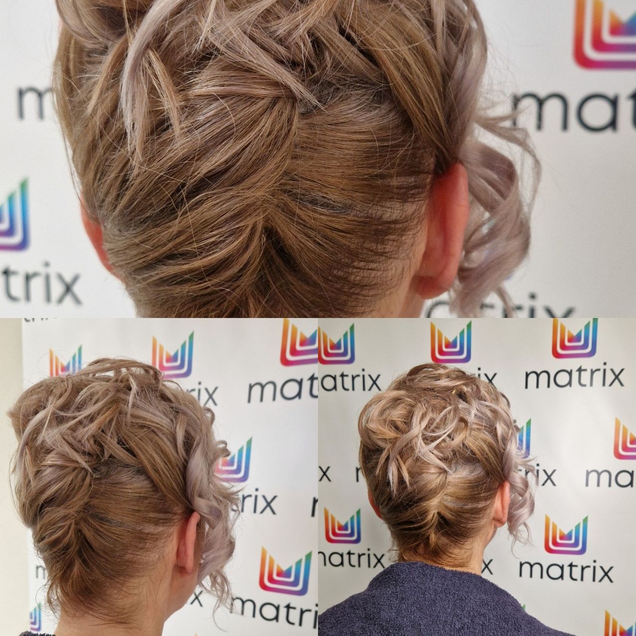 Drei verschiedene Frisuren werden gezeigt. Die Ansicht von oben zeigt eine Frau mit geflochtenen Haaren. Unten links sieht man eine Frau mit lockigen Haaren. Unten rechts ist eine Frau mit Dutt zu sehen.