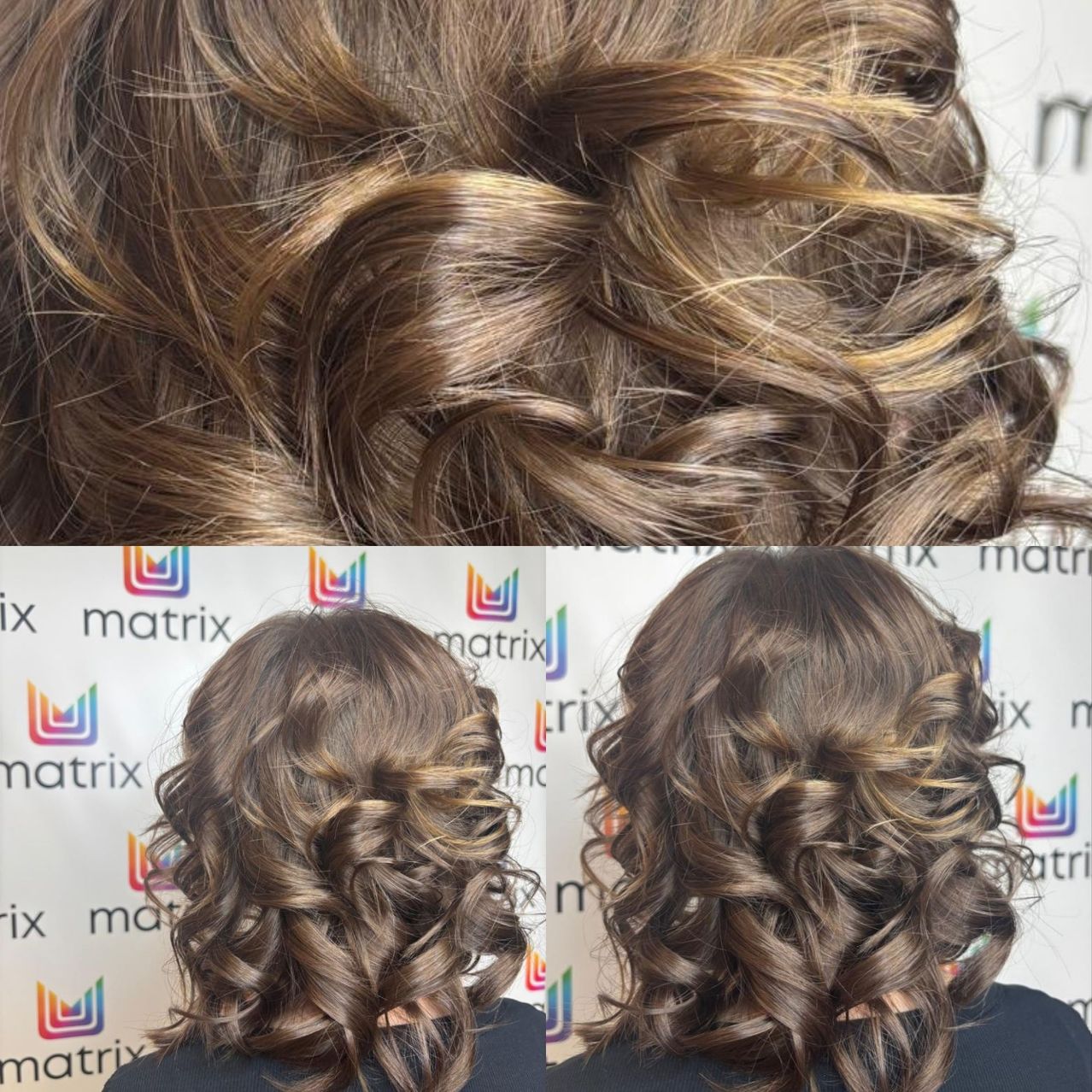 Zwei Nahaufnahmen von braunem, lockigem Haar einer Frau, gestylt in lockeren Wellen. Im Hintergrund zeigt ein Banner das Matrix-Logo.