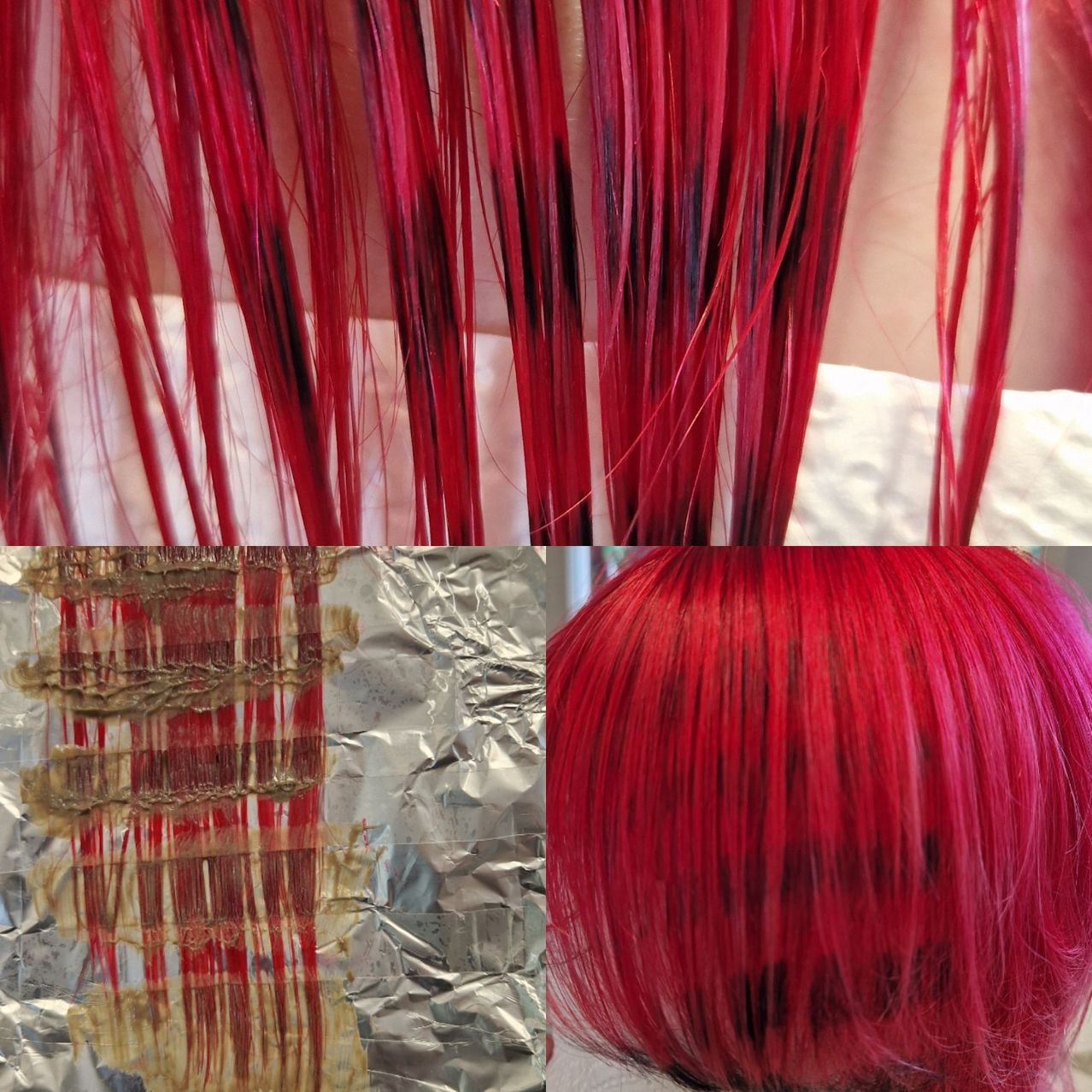 Eine Nahaufnahme von rotem Haar mit ungleichmäßiger Farbanwendung. Ein Abschnitt zeigt leuchtend rotes Haar, während ein anderer dunkleres Rot mit braunen Streifen zeigt. Ein Folienstreifen ist zwischen den Abschnitten sichtbar.